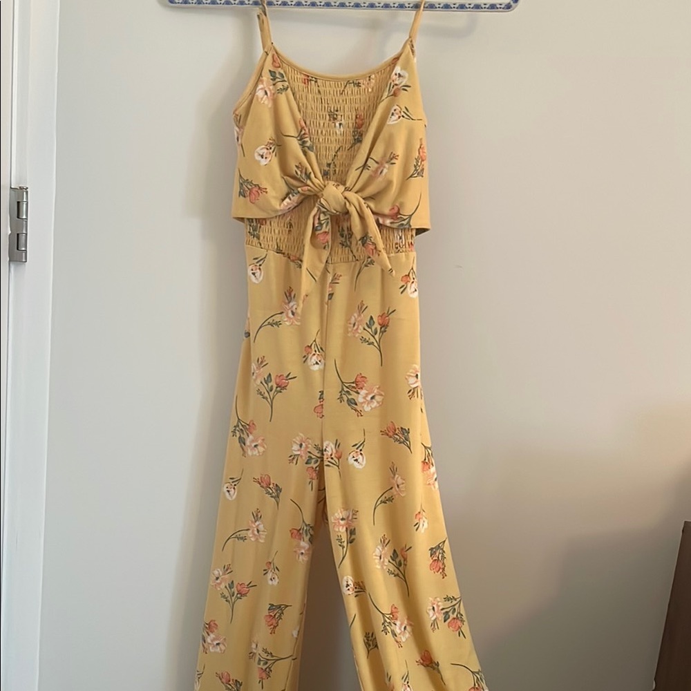 Yellow Floral Jumpsuit with Waist Tie and Spaghetti Straps